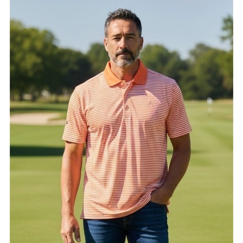 Untuck It Men's Peach/White Striped Golf Polo Short Sleeve Shirt Size Large